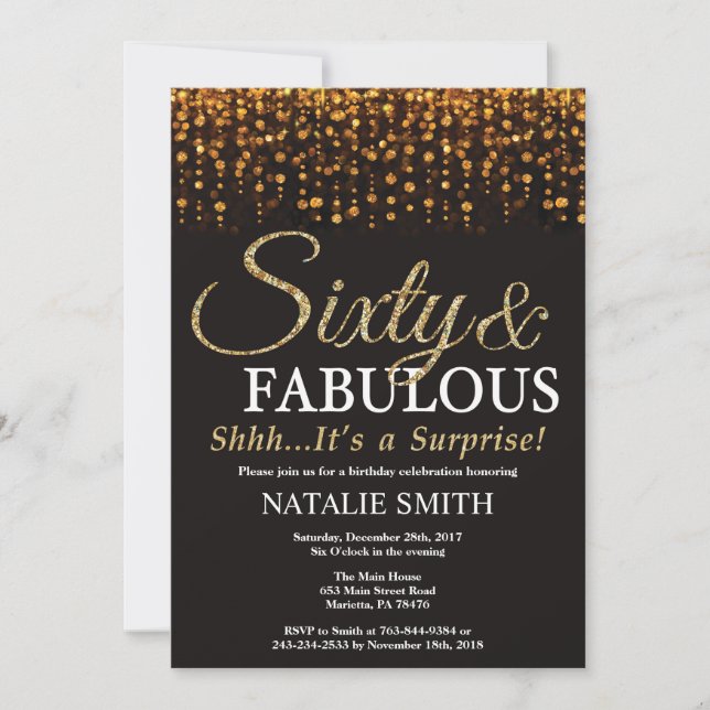Invitación Sorpresa 60 cumpleaños 60 y fabuloso oro (Anverso)