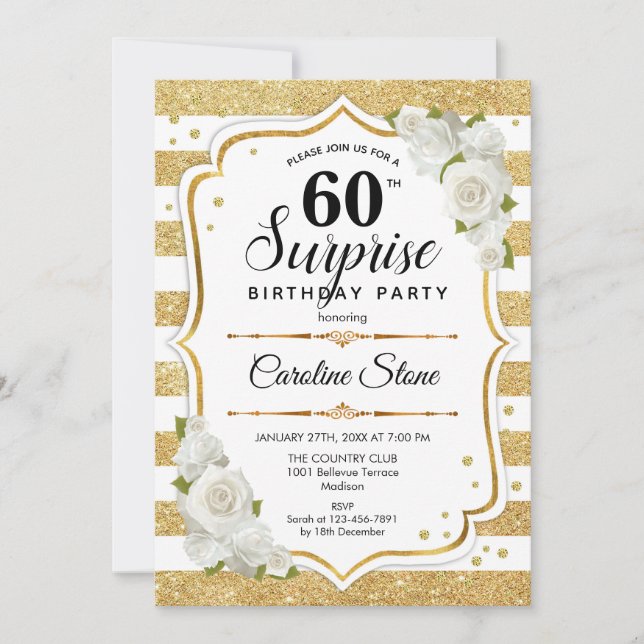 Invitación Sorpresa 60 cumpleaños - blanco dorado (Anverso)