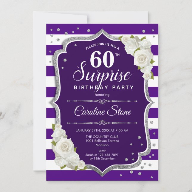Invitación Sorpresa 60 cumpleaños - Blanco morado de plata (Anverso)