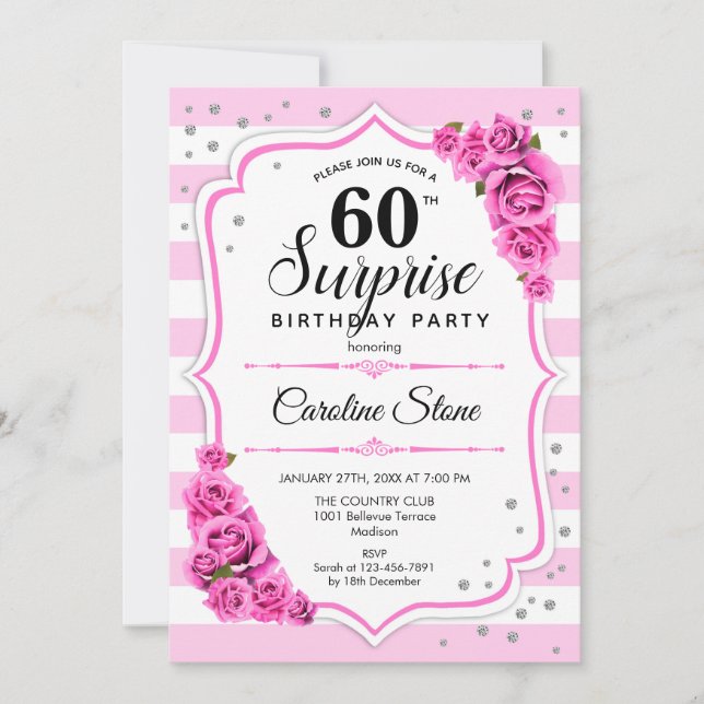 Invitación Sorpresa 60 cumpleaños - Blanco rosado (Anverso)