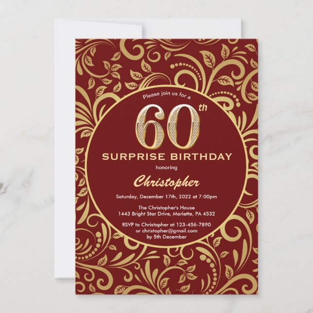 Invitación Sorpresa 60 cumpleaños Borgoña Rojo y Dorado Flora (Anverso)