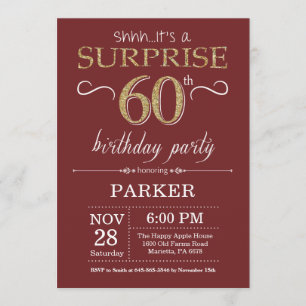 Invitación Sorpresa 60 cumpleaños Borgoña y Purpurina de oro