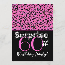Invitación SORPRESA 60° cumpleaños, brillantes negras rosadas