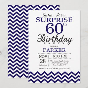 Invitación Sorpresa 60 cumpleaños Chevron azul marino