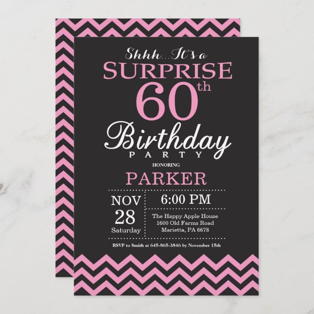 Invitación Sorpresa 60 cumpleaños Chevron negro y rosa (Anverso / Reverso)