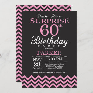 Invitación Sorpresa 60 cumpleaños Chevron negro y rosa