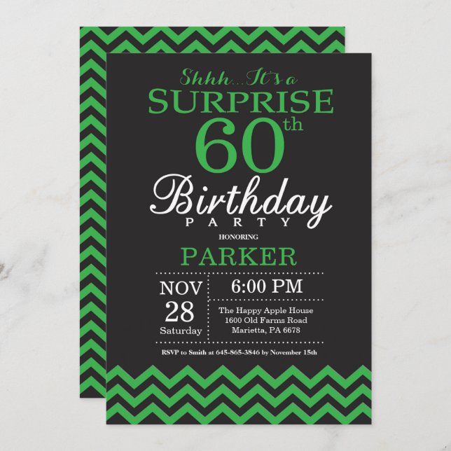 Invitación Sorpresa 60 cumpleaños Chevron negro y verde (Anverso / Reverso)