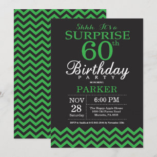 Invitación Sorpresa 60 cumpleaños Chevron negro y verde