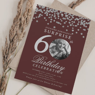 Invitación SORPRESA 60 cumpleaños Confetti de plata borgoña