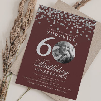 Invitación SORPRESA 60 cumpleaños Confetti de plata borgoña