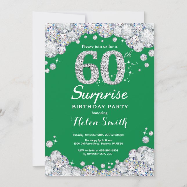Invitación Sorpresa 60 cumpleaños Diamante verde y plateado (Anverso)