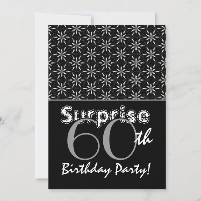 Invitación SORPRESA 60 cumpleaños, estrellas plateadas y negr (Anverso)