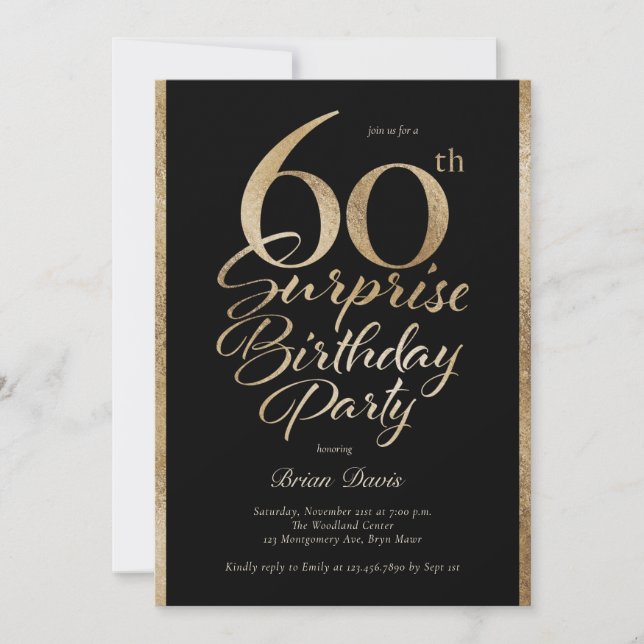 Invitación Sorpresa 60 cumpleaños fiesta negro y oro (Anverso)