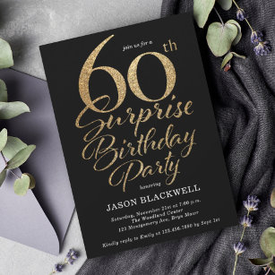 Invitación Sorpresa 60 cumpleaños fiesta negro y oro