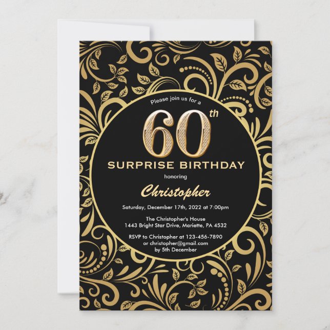Invitación Sorpresa 60 cumpleaños Floral de oro y negro (Anverso)