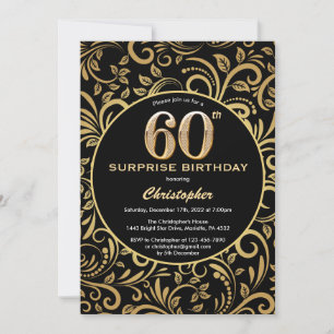 Invitación Sorpresa 60 cumpleaños Floral de oro y negro
