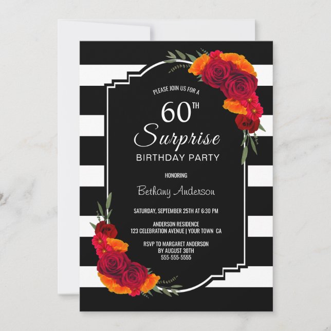 Invitación Sorpresa 60 cumpleaños Floral franja blanca negra (Anverso)