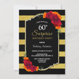 Invitación Sorpresa 60 cumpleaños Gold Striped Red Floral
