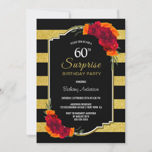 Invitación Sorpresa 60 cumpleaños Gold Striped Red Floral