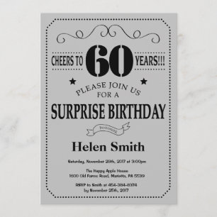 Invitación Sorpresa 60 cumpleaños Gris negro y plateado