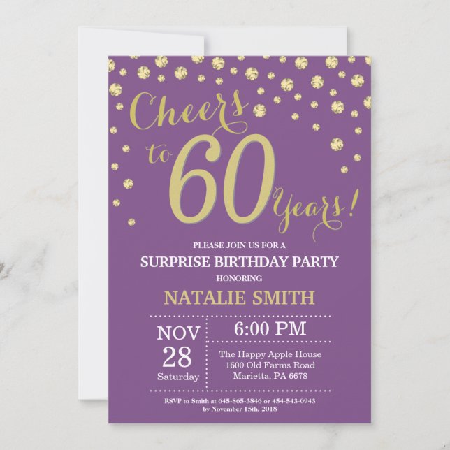 Invitación Sorpresa 60 cumpleaños morado y diamante dorado (Anverso)