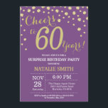 Invitación Sorpresa 60 cumpleaños morado y diamante dorado<br><div class="desc">Sorpresa 60 cumpleaños invitación con fondo de diamantes morado y Purpurina dorado. Confetti de oro. Cumpleaños de adultos. Cumpleaños de hombres o mujeres. Para más personalización,  haga clic en el botón "Personalizar" y utilice nuestra herramienta de diseño para modificar esta plantilla.</div>