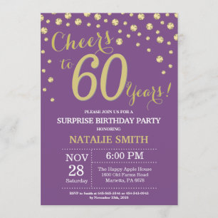 Invitación Sorpresa 60 cumpleaños morado y diamante dorado