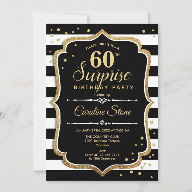 Invitación Sorpresa 60 cumpleaños - Oro blanco negro (Anverso)