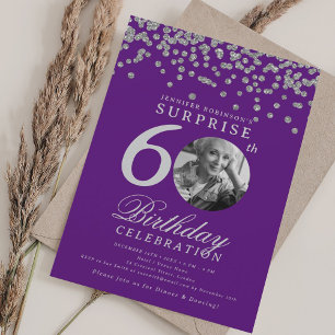 Invitación SORPRESA 60 cumpleaños Plata Confetti morado