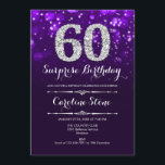 Invitación Sorpresa 60 cumpleaños - Plata morada<br><div class="desc">Sorpresa Invitación a los 60 Años. Elegante diseño morado con una falsa plata purpurina. Cumpleaños de adultos. Incluye diamantes,  luces de bokeh y fuente de guiones. Invitación de cumpleaños de hombres o mujeres. Perfecto para una elegante fiesta de cumpleaños. Mándame un mensaje si necesitas más personalización.</div>
