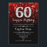 Invitación Sorpresa 60 cumpleaños - Plata roja negra<br><div class="desc">Sorpresa Invitación a los 60 Años. Elegante diseño rojo negro con una falsa plata purpurina. Cumpleaños de adultos. Incluye diamantes,  luces de bokeh y fuente de guiones. Invitación de cumpleaños de hombres o mujeres. Perfecto para una elegante fiesta de cumpleaños. Mándame un mensaje si necesitas más personalización.</div>