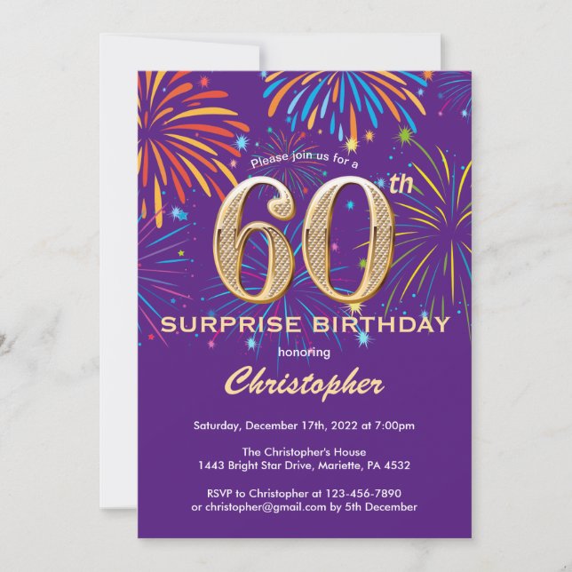 Invitación Sorpresa 60 cumpleaños Purple y Gold Firework (Anverso)