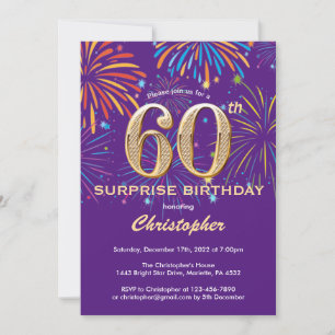 Invitación Sorpresa 60 cumpleaños Purple y Gold Firework