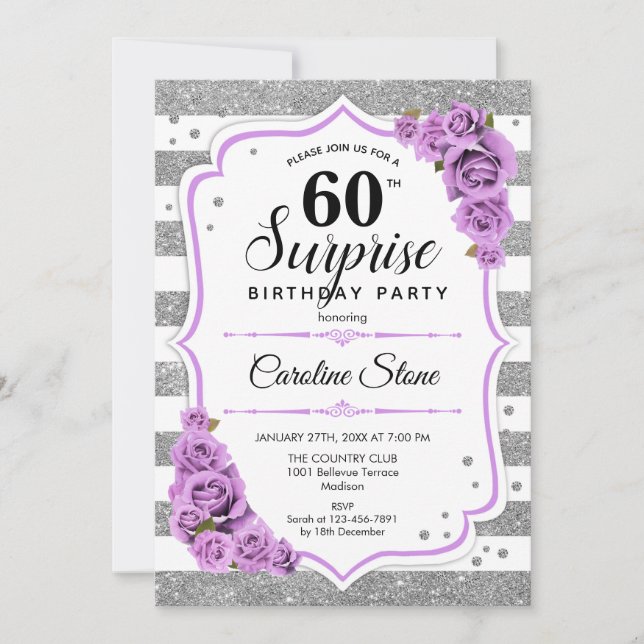 Invitación Sorpresa 60 cumpleaños - Púrpura Blanco Plateado (Anverso)