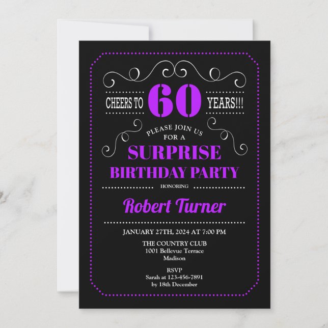 Invitación Sorpresa 60 cumpleaños - Púrpura Negro (Anverso)