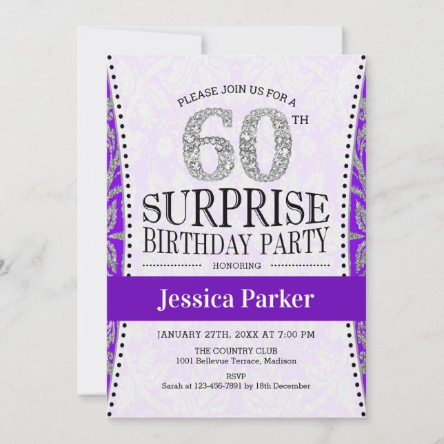 Invitación Sorpresa 60 cumpleaños - Púrpura Plata Blanca (Anverso)