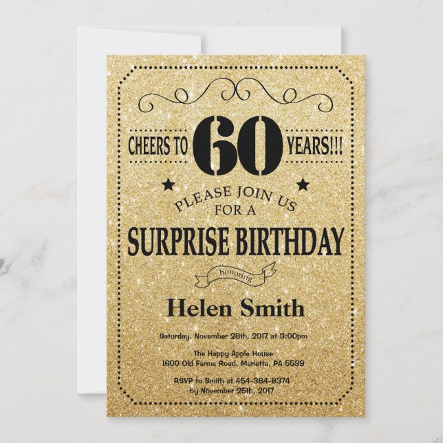 Invitación Sorpresa 60 cumpleaños Purpurina de oro y negro (Anverso)