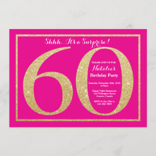 Invitación Sorpresa 60 cumpleaños Purpurina de oro y rosado c