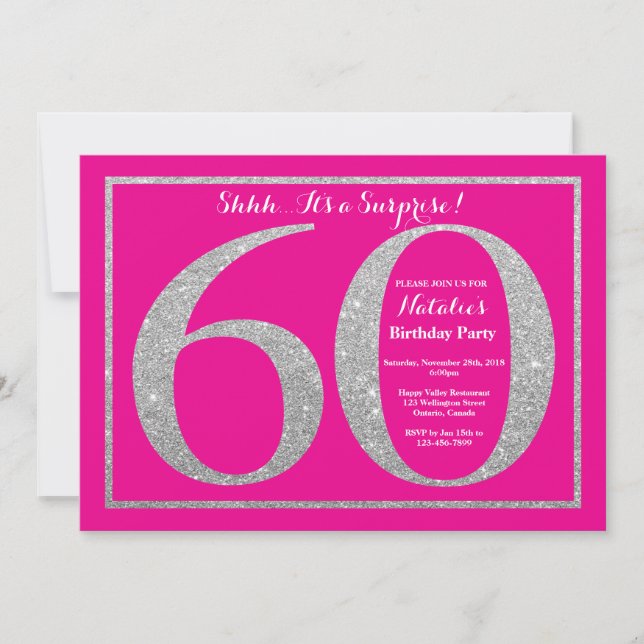 Invitación Sorpresa 60 cumpleaños Purpurina de Plata y Rosa C (Anverso)