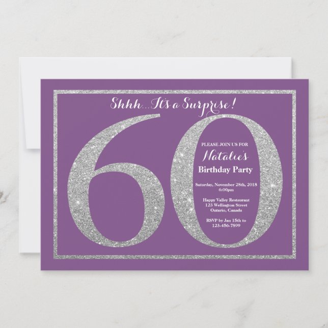 Invitación Sorpresa 60 cumpleaños Purpurina morado y plateado (Anverso)