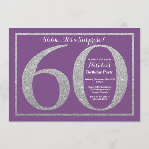 Invitación Sorpresa 60 cumpleaños Purpurina morado y plateado