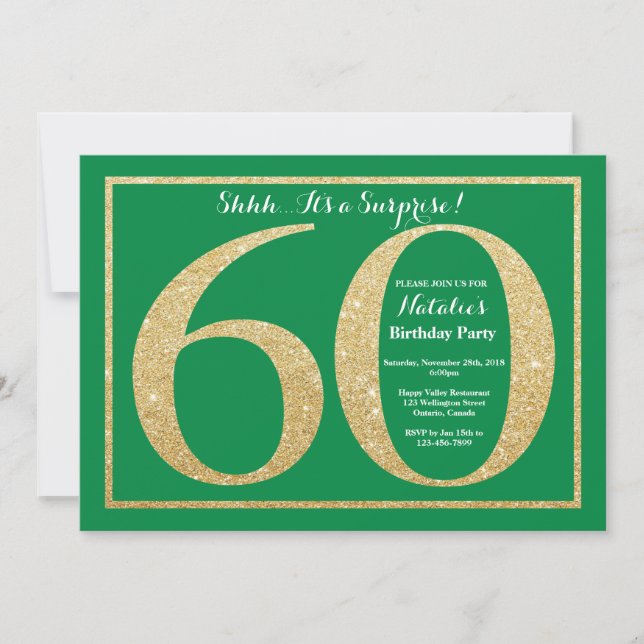 Invitación Sorpresa 60 cumpleaños Purpurina Verde y Oro (Anverso)