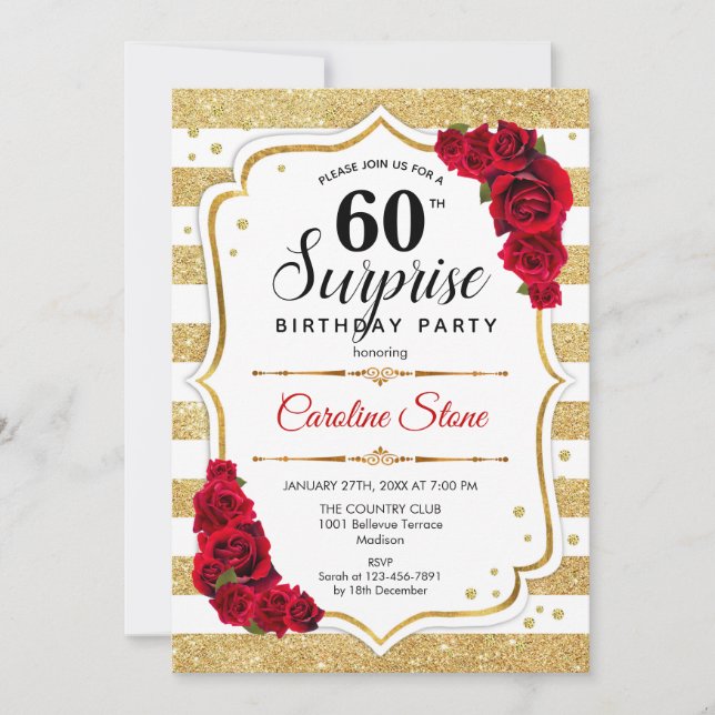 Invitación Sorpresa 60 cumpleaños - Rojo blanco dorado (Anverso)