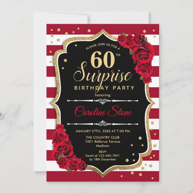 Invitación Sorpresa 60 cumpleaños - Rojo blanco negro (Anverso)