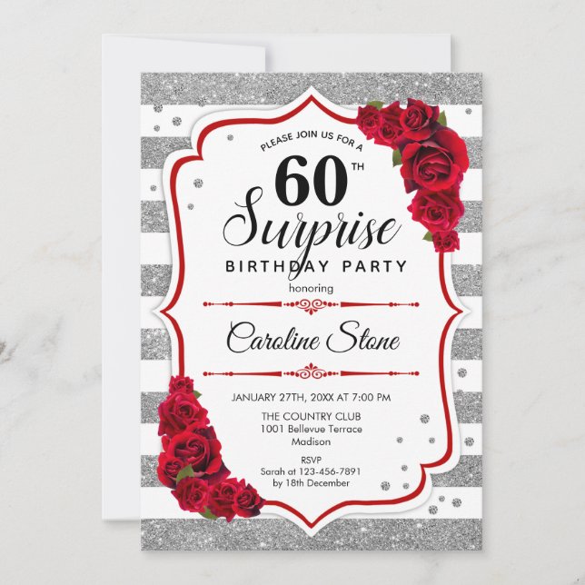Invitación Sorpresa 60 cumpleaños - rojo blanco plateado (Anverso)