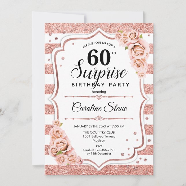 Invitación Sorpresa 60 cumpleaños - Rosa blanco Rosa de oro (Anverso)