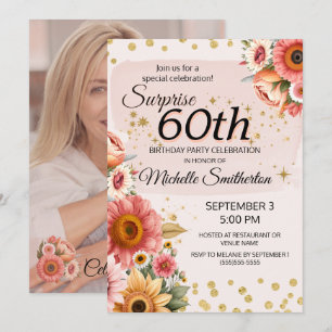 Invitación Sorpresa 60 Cumpleaños Rosa Melocotón Floral Dorad