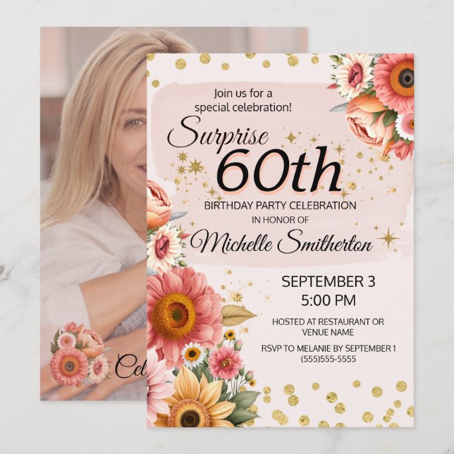 Invitación Sorpresa 60 Cumpleaños Rosa Melocotón Floral Dorad (Anverso / Reverso)