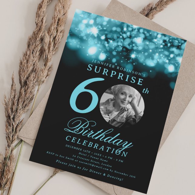 Invitación SORPRESA 60 cumpleaños Turquoise Midnight Glam (SURPRISE 60th Birthday Turquoise Midnight Glam Invitation)