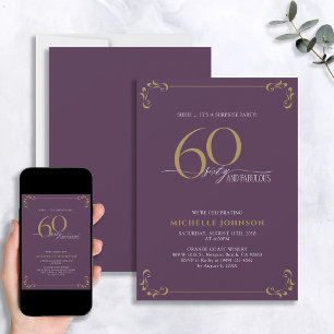 Invitación Sorpresa 60 y fabuloso cumpleaños morado y dorado